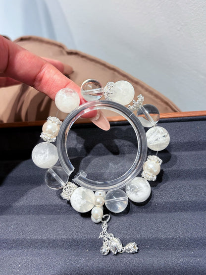Spring Snow White Phantom Quartz & Clear Crystal Bracelet - Energy Amplifier Bracelet for Clarity, Wealth & Spiritual Balance