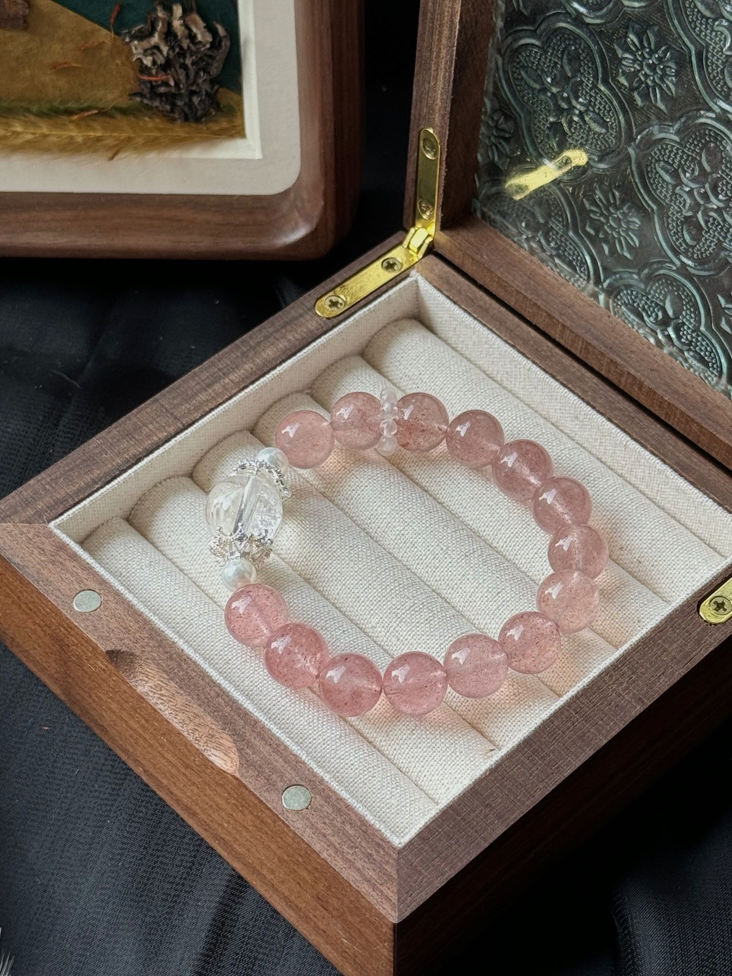 Strawberry Quartz, White Phantom, Rose Quartus Chakra Bracelet for Heart & Solar Plexus - Five Elements Metal & Fire Energy Balance