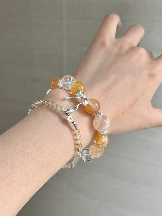 Summer Breeze Crystal Bracelet | White Quartz + Snowflake Phantom + Golden Rutilated Quartz | Cooling Energy & Wealth Attraction