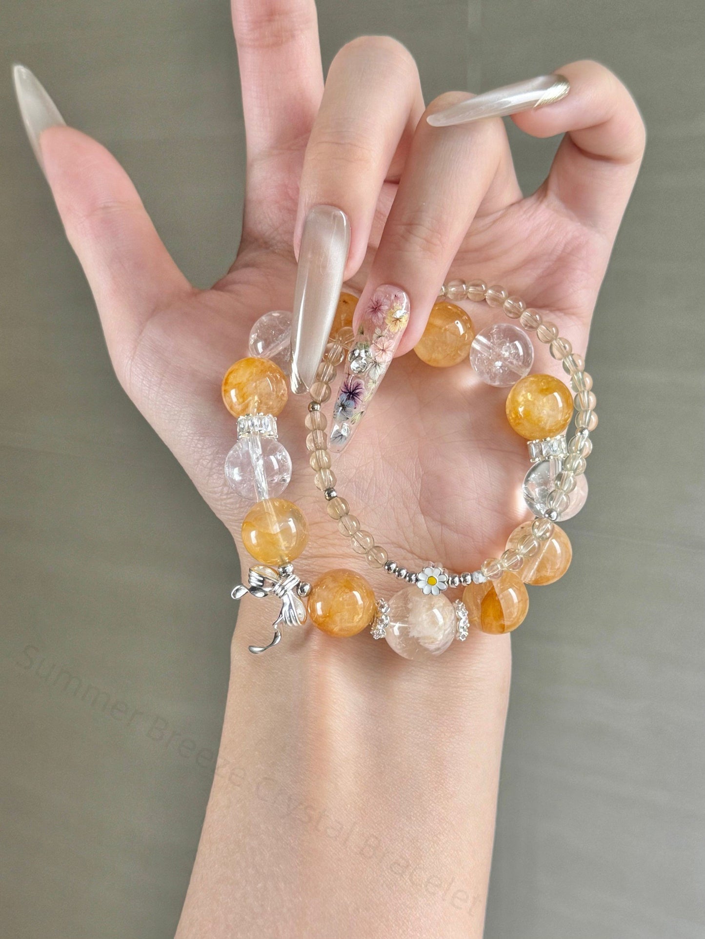 Summer Breeze Crystal Bracelet | White Quartz + Snowflake Phantom + Golden Rutilated Quartz | Cooling Energy & Wealth Attraction