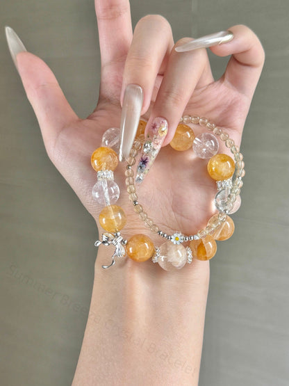 Summer Breeze Crystal Bracelet | White Quartz + Snowflake Phantom + Golden Rutilated Quartz | Cooling Energy & Wealth Attraction