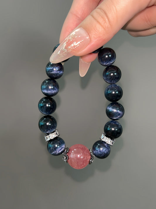 Tiger’s Eye and Strawberry Quartz Crystal Bracelet for Harmony, Courage & Love | Handmade Energy Balance Jewelry with Positive Vibrations