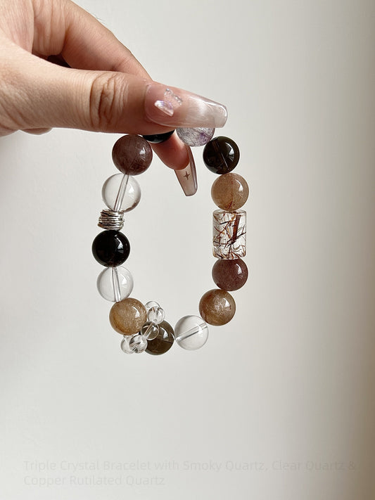 Harmonize Your Energy: Triple Crystal Bracelet with Smoky Quartz, Clear Quartz & Copper Rutilated Quartz - For Balance, Clarity & Attracting Abundance