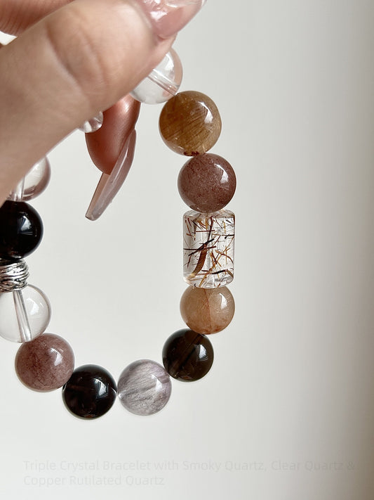 Harmonize Your Energy: Triple Crystal Bracelet with Smoky Quartz, Clear Quartz & Copper Rutilated Quartz - For Balance, Clarity & Attracting Abundance