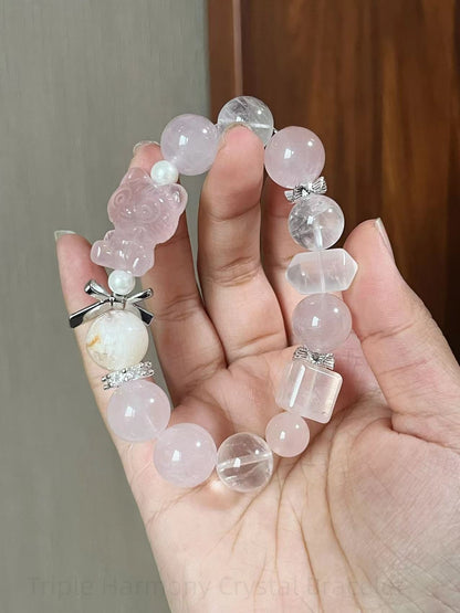 Triple Harmony Crystal Bracelet - Rose Quartz, Milky Quartz, White Phantom for Love, Clarity & Spiritual Protection