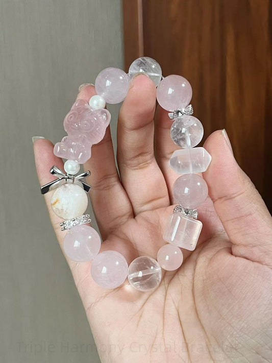 Triple Harmony Crystal Bracelet - Rose Quartz, Milky Quartz, White Phantom for Love, Clarity & Spiritual Protection