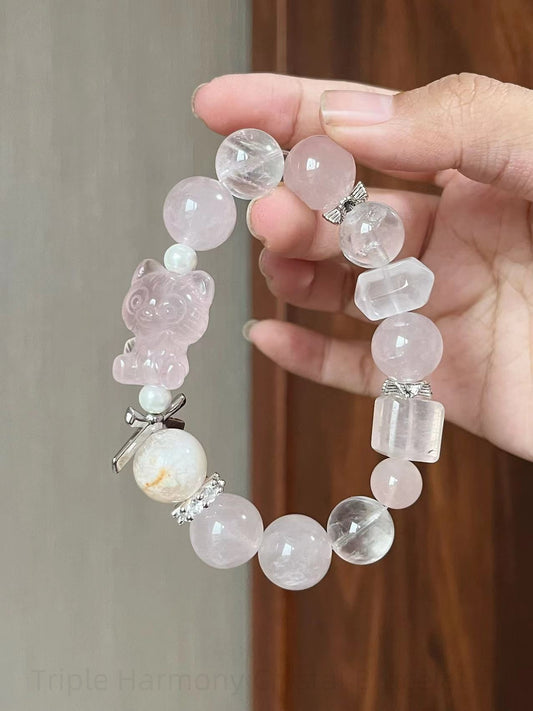 Triple Harmony Crystal Bracelet - Rose Quartz, Milky Quartz, White Phantom for Love, Clarity & Spiritual Protection