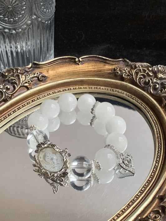 White Phantom Quartz & Clear Crystal Bracelet for Spiritual Balance, Positive Energy & Manifestation