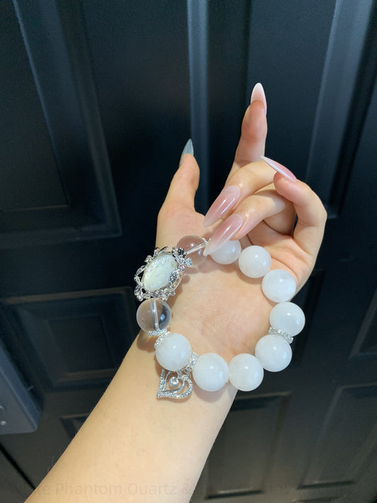 White Phantom Quartz & Clear Crystal Bracelet for Spiritual Balance, Positive Energy & Manifestation